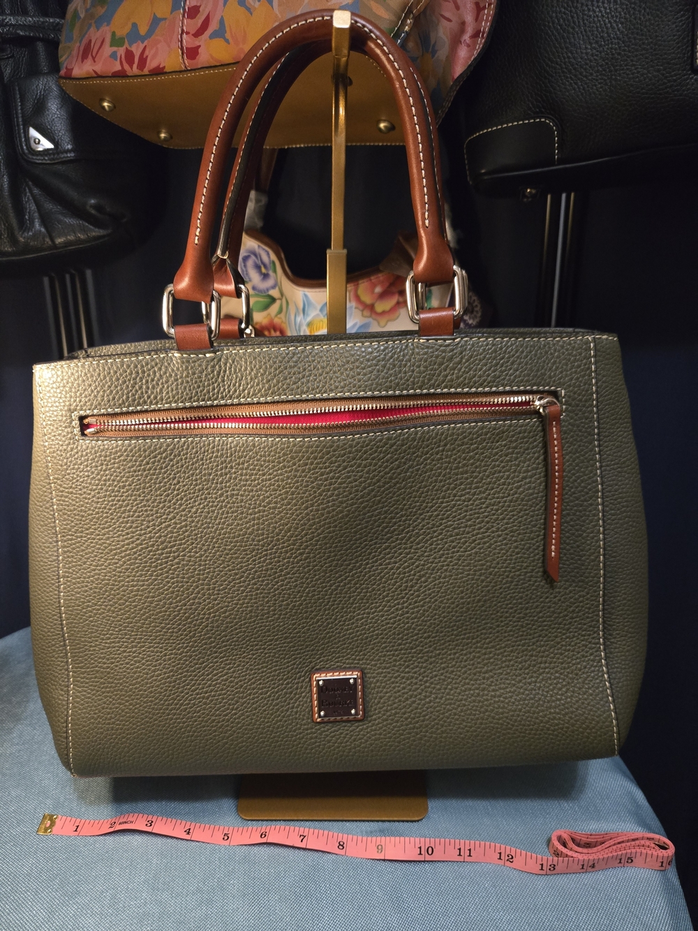 Like New Dooney & Bourke Olive Green Pebbled Leather Satchel with Brown Handles